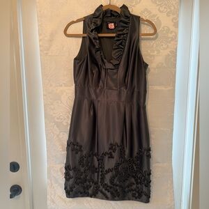 Just Taylor, charcoal gray cocktail dress with ruffle collar and details